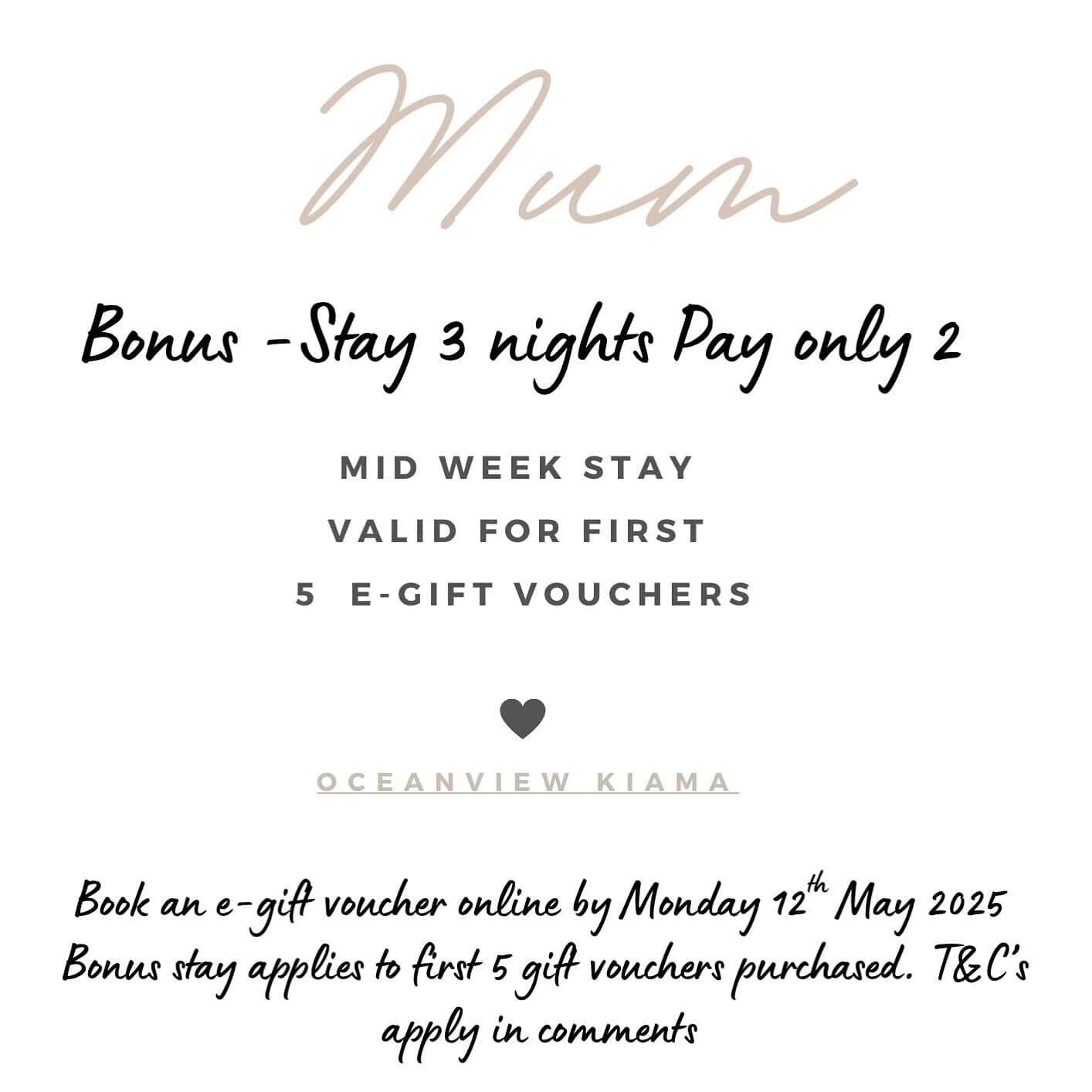 Stuck for a  Mothers Day gift? 

Why not spoil your special someone with a luxury getaway with us at Oceanview Kiama? Book an E-Gift voucher online - link in bio 

We’d love to spoil your Mum whenever she wants to stay subject to availability! 

And for the first 5 customers who purchase an online E-Gift Voucher get 1 night free - Deal is Stay 3 nights Pay 2! 

Excludes school holidays, long weekends & public holidays Valid for mid week bookings only during MAY JUNE JULY 2025 Mon - Thursday inclusive. eg: book Mon&Tues  and get Wednesday night free!! Does not apply to Fri/Sat/Sun nights All other t&c’s apply. 

Make this a special treat with love! 💕 

Link in bio 🫶🏻

@oceanviewkiama 
@kiamansw 

#oceanviewkiama #kiama #oceanview #kiamansw #kiamaaccommodation #accommodation #nsw #southcoast #mothersday #mothersdaygiftideas #spoilher #luxegetaway #luxegetaways #brunchinsydney #mothersdaygifts #getaway